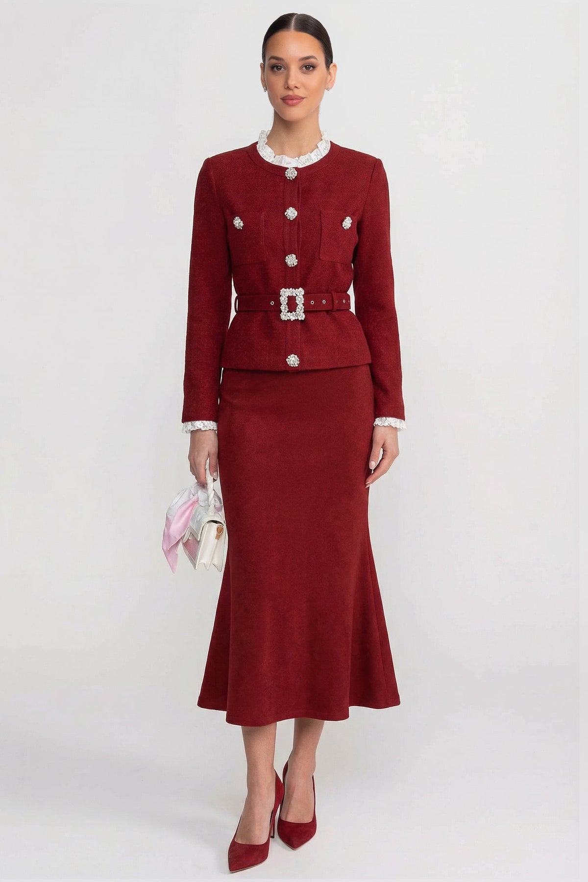 Long Sleeve Co-Ord With Fitted Knit Bodice And Crystal Button Detail - Burgundy