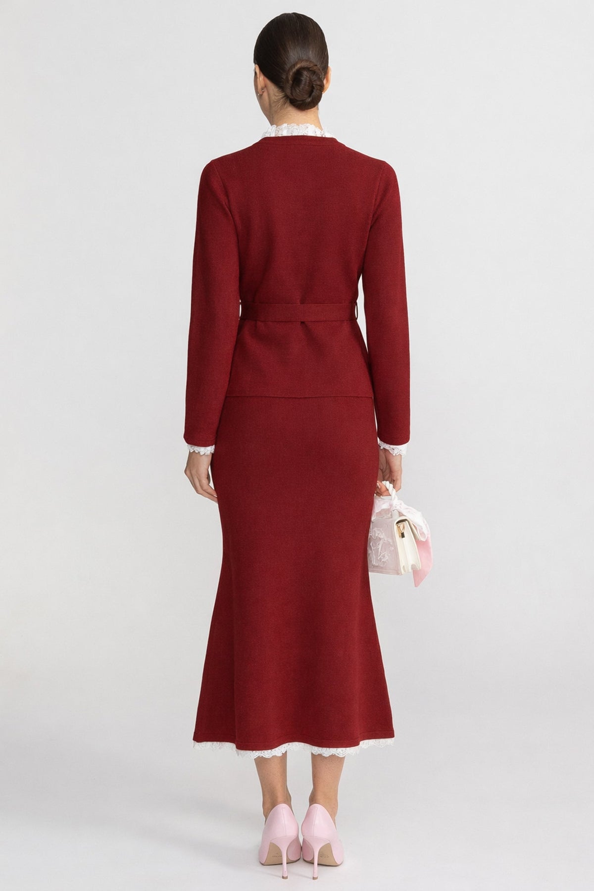 Long Sleeve Co-Ord With Fitted Knit Bodice And Crystal Button Detail - Burgundy - View 3
