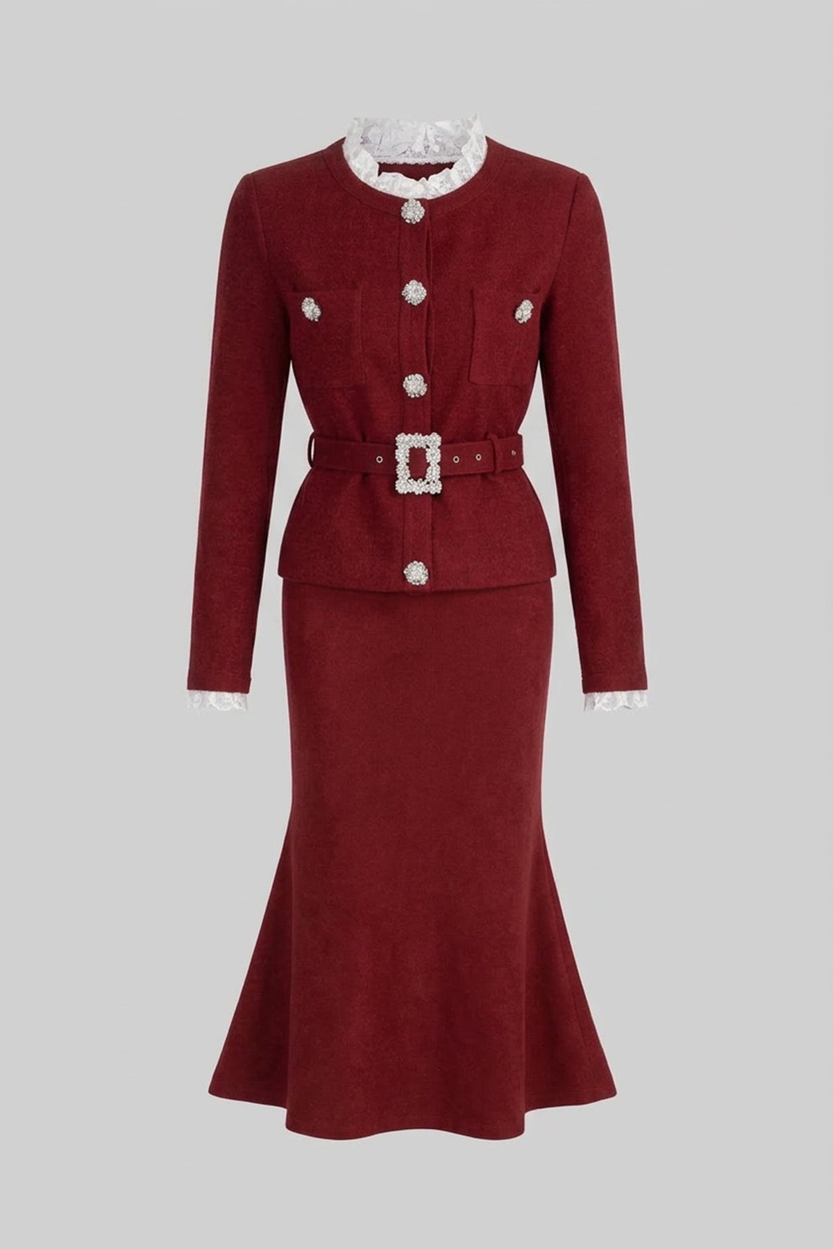 Long Sleeve Co-Ord With Fitted Knit Bodice And Crystal Button Detail - Burgundy - View 2