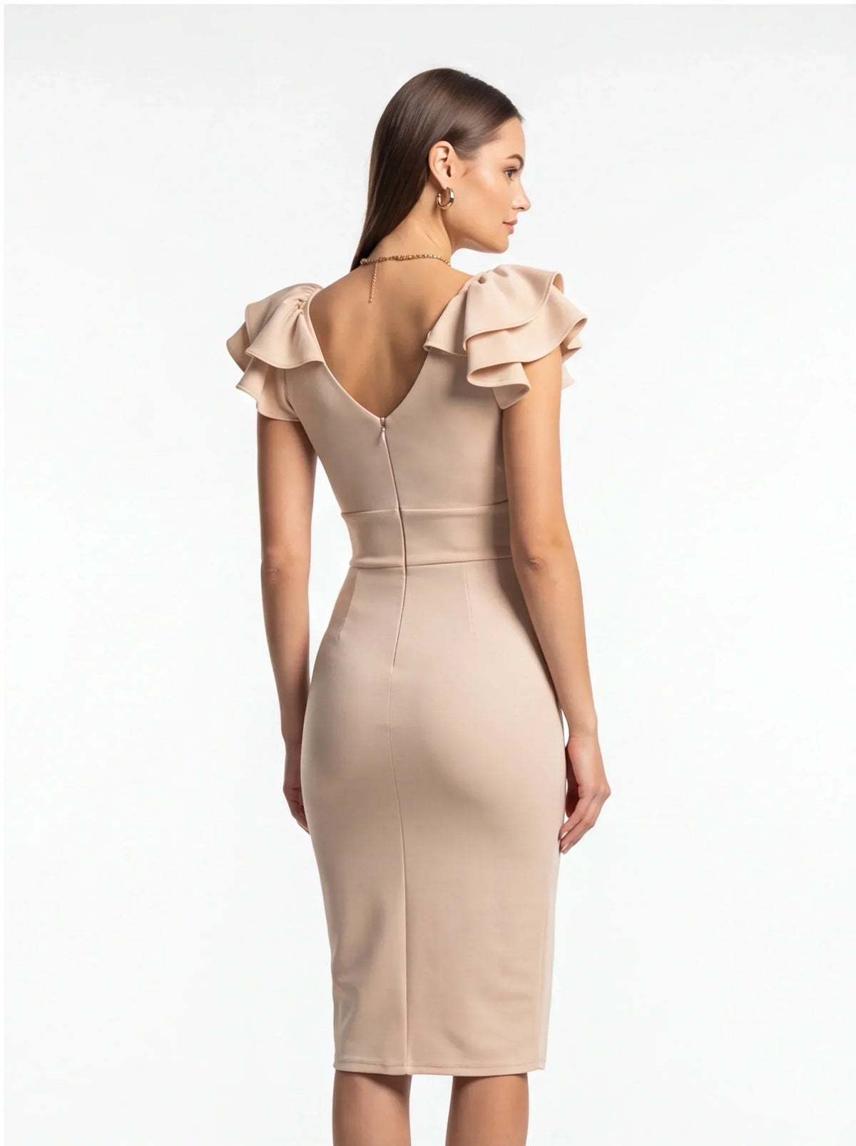 Deep V-Neck Shoulder Ruffle Waistband Bodycon Midi Cocktail Dress - View 3