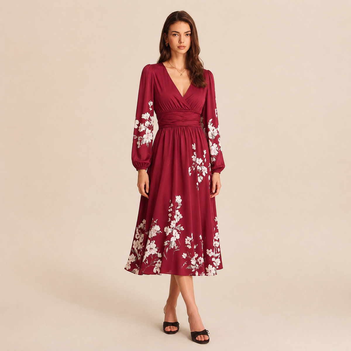 Floral V-Neck Long Sleeve Pleated Chiffon Maxi Dress 25