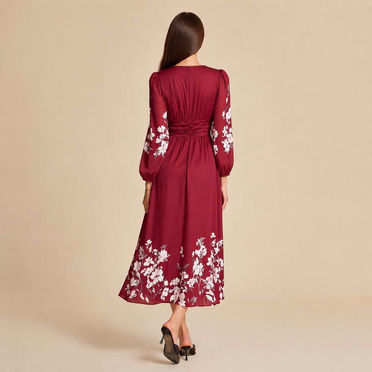 Floral V-Neck Long Sleeve Pleated Chiffon Maxi Dress 27