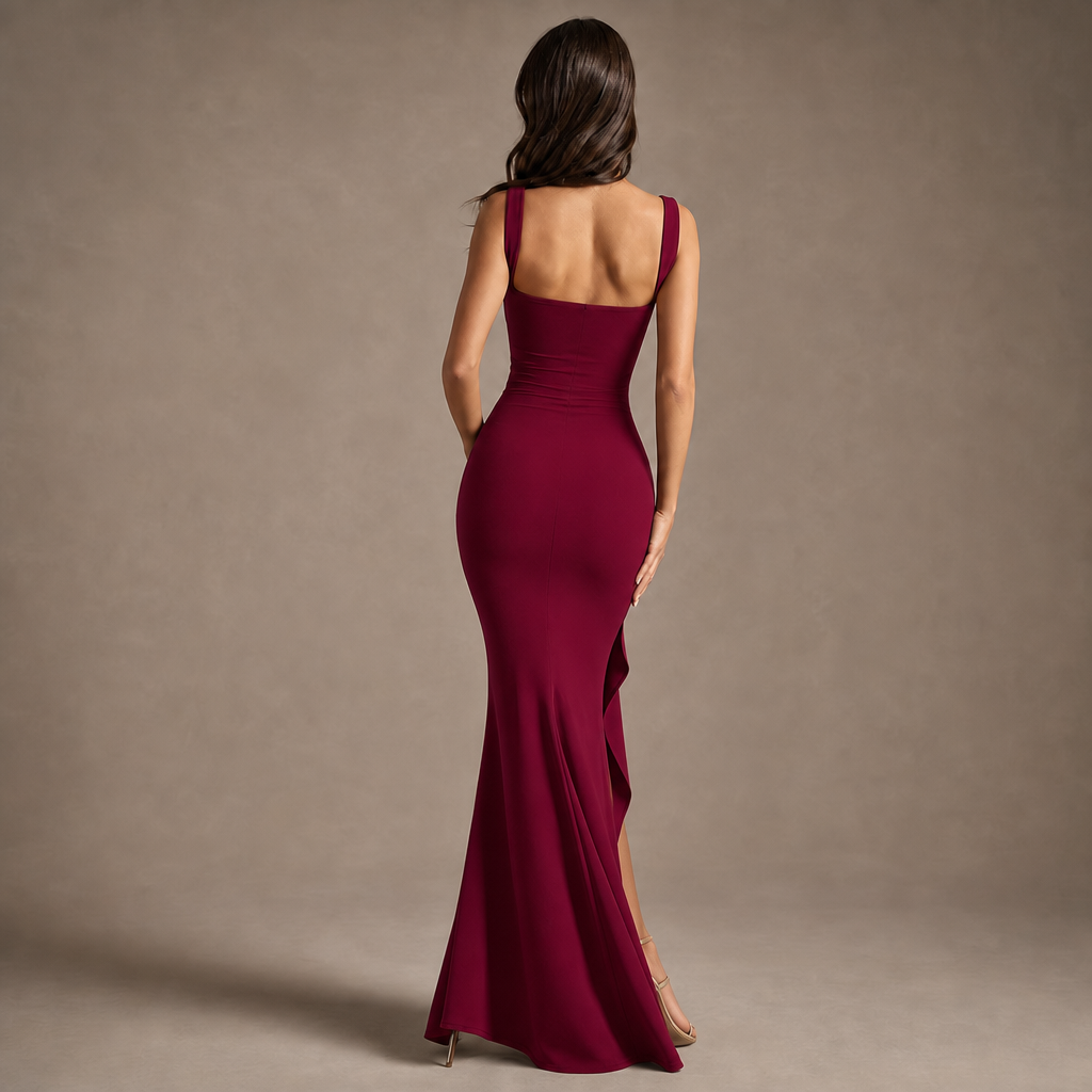 Square Neck Sleeveless Ruched High Split Fishtail Maxi Gown 6