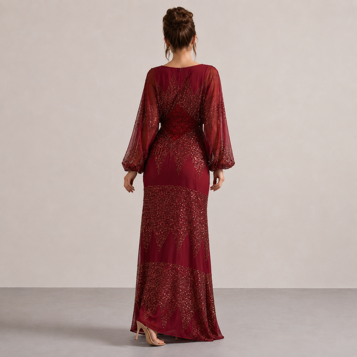 Sequin V-Neck Balloon Sleeve High Split Maxi Gown 6