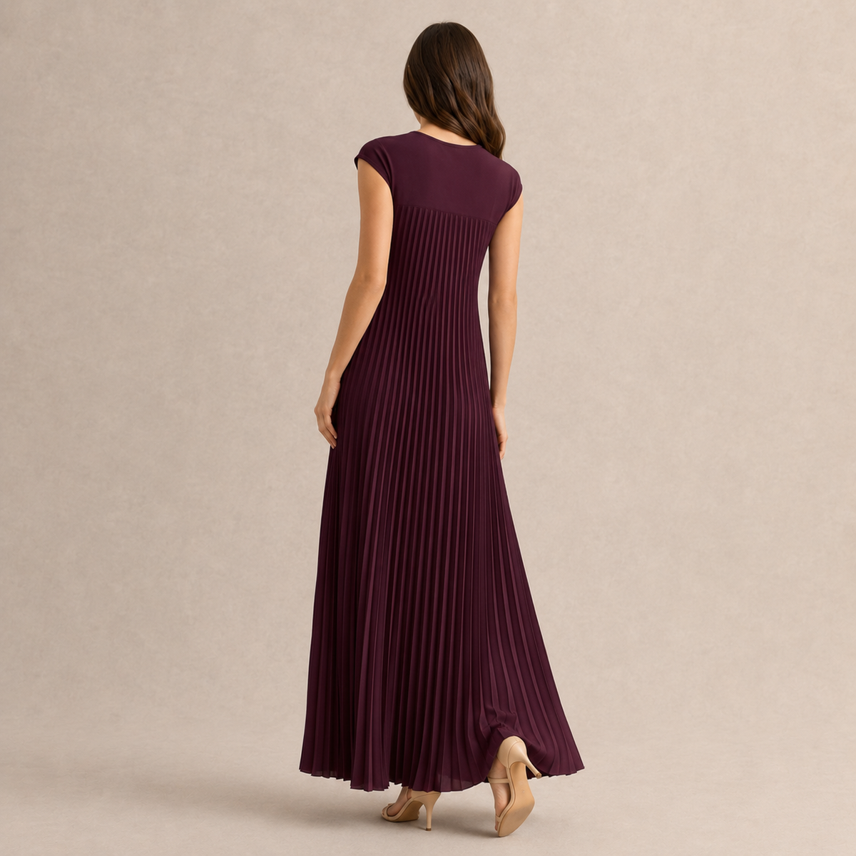 Crew Neck Cap Sleeve Pleated A-Line Maxi Dress 9