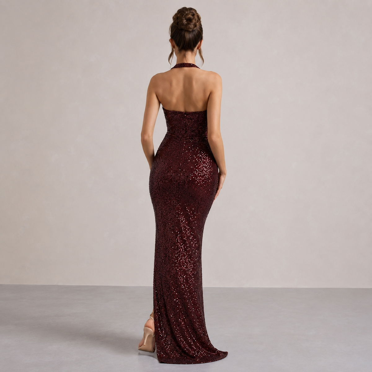 Halter Neck Sequin Backless High Split Maxi Gown 15