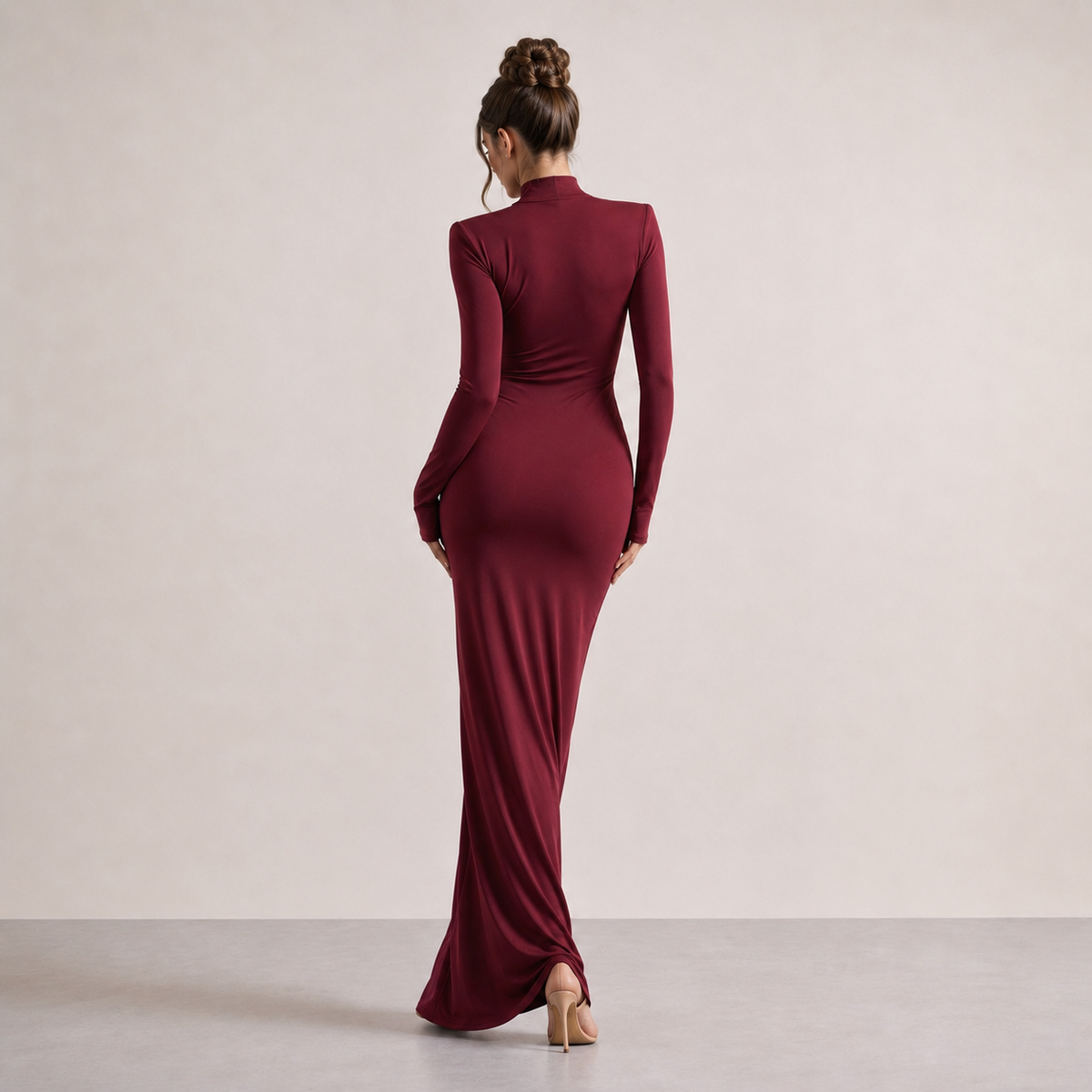 High Neck Long Sleeve Ruched Draped Bodycon Maxi Dress 9
