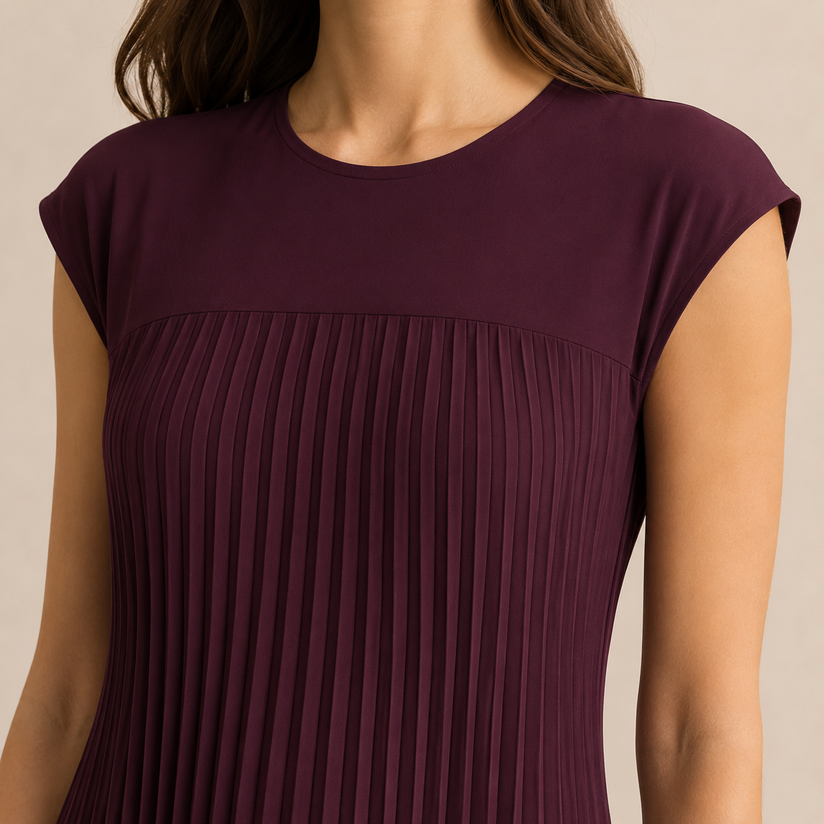 Crew Neck Cap Sleeve Pleated A-Line Maxi Dress 8