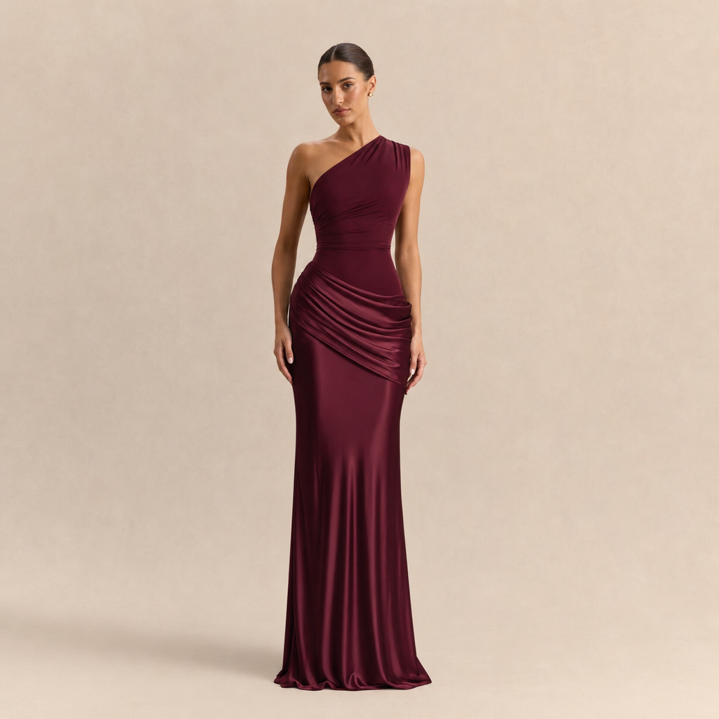 One Shoulder Ruched Satin Fishtail Maxi Gown 13