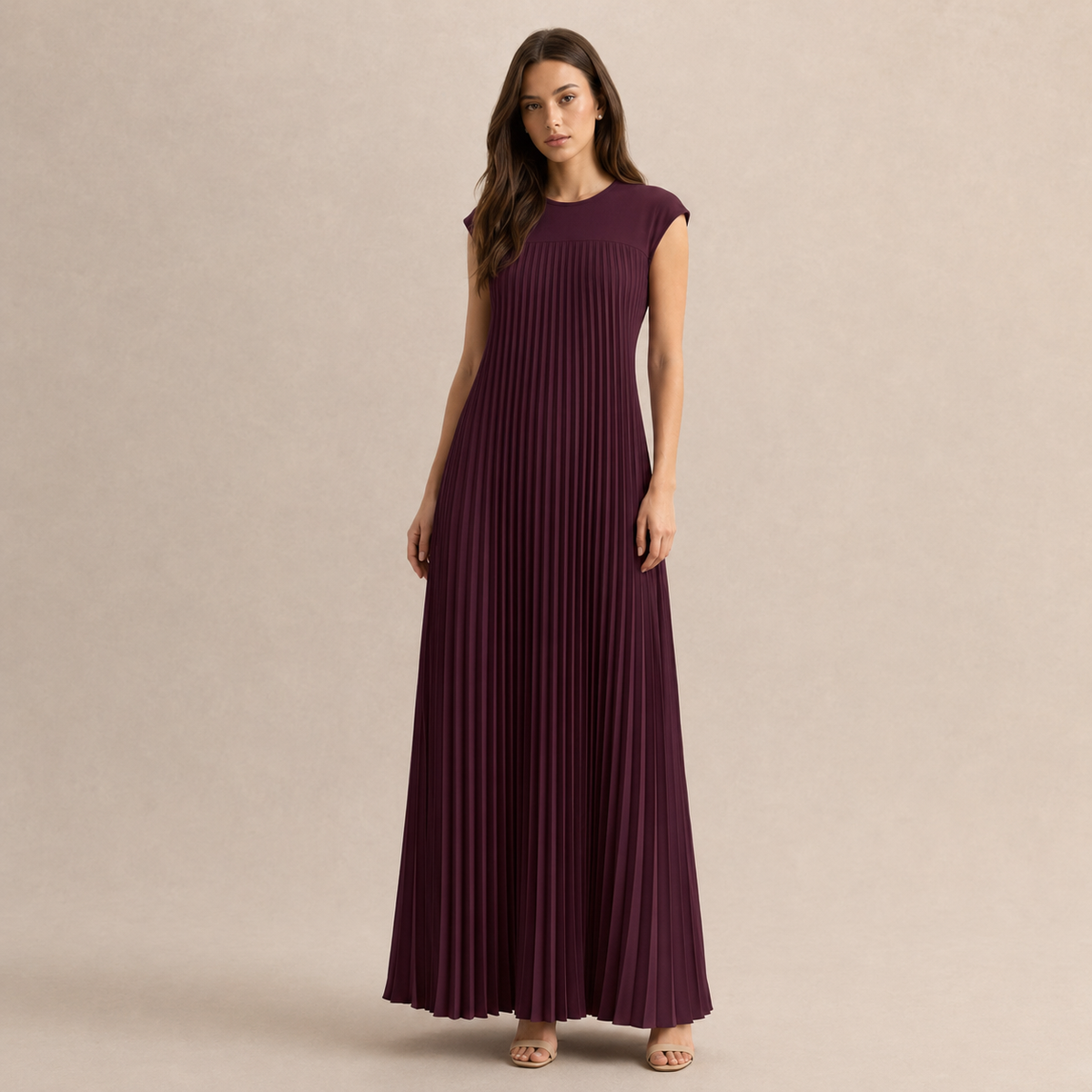 Crew Neck Cap Sleeve Pleated A-Line Maxi Dress 7