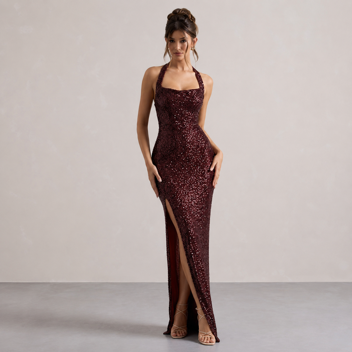 Halter Neck Sequin Backless High Split Maxi Gown 13