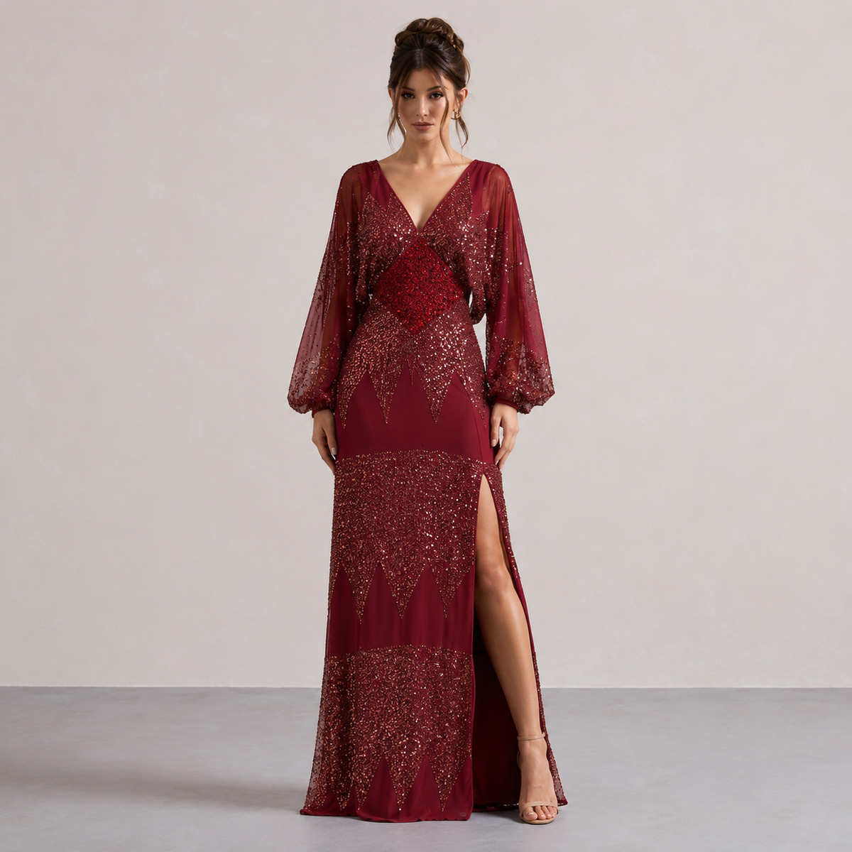 Sequin V-Neck Balloon Sleeve High Split Maxi Gown 4