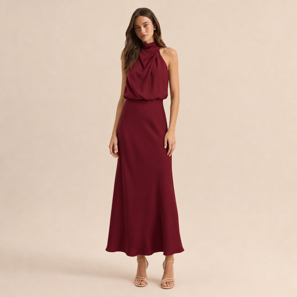 Satin Cowl Halter Neck Bias Cut Maxi Dress 9