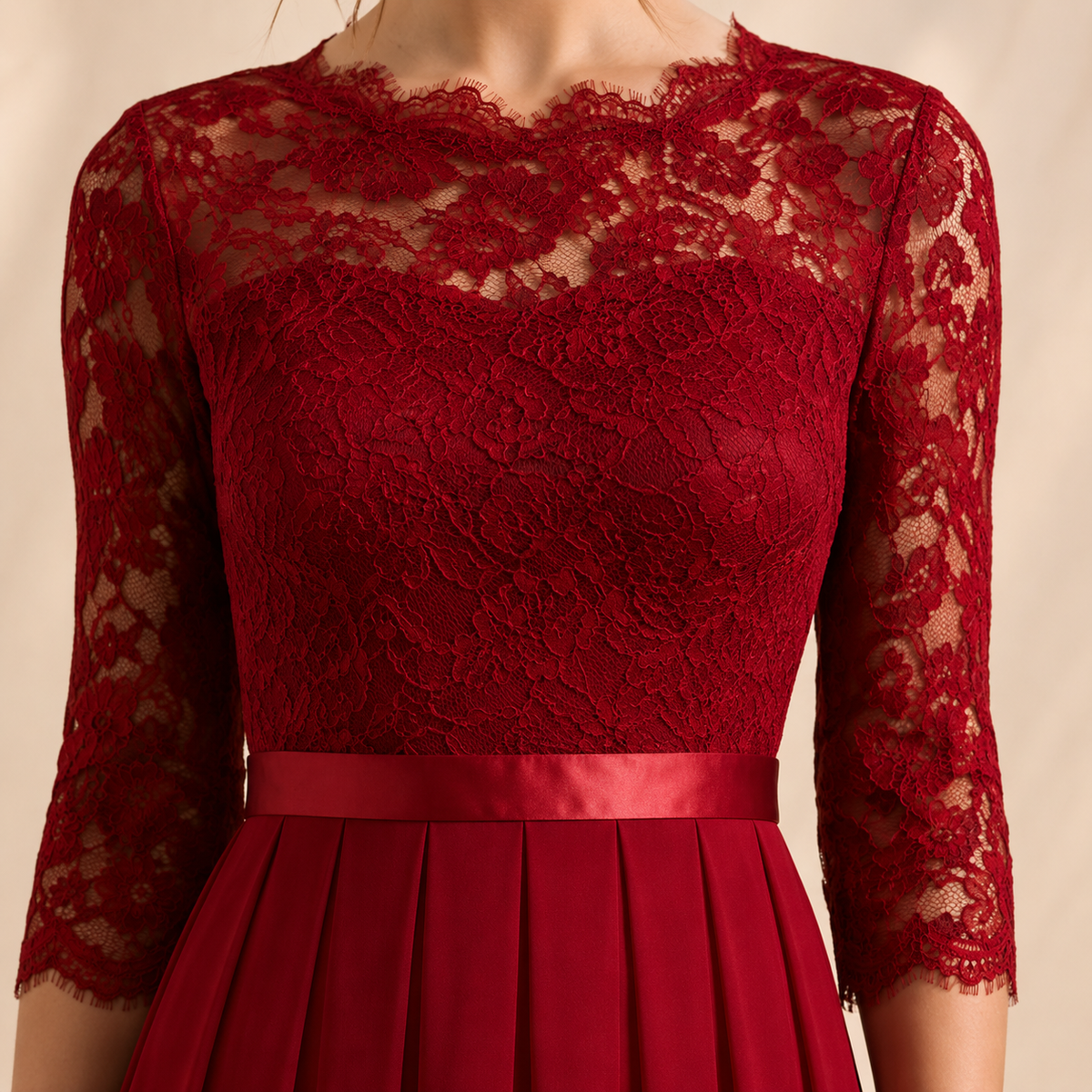 Lace Bodice Long Sleeve Pleated A-Line Maxi Gown 2