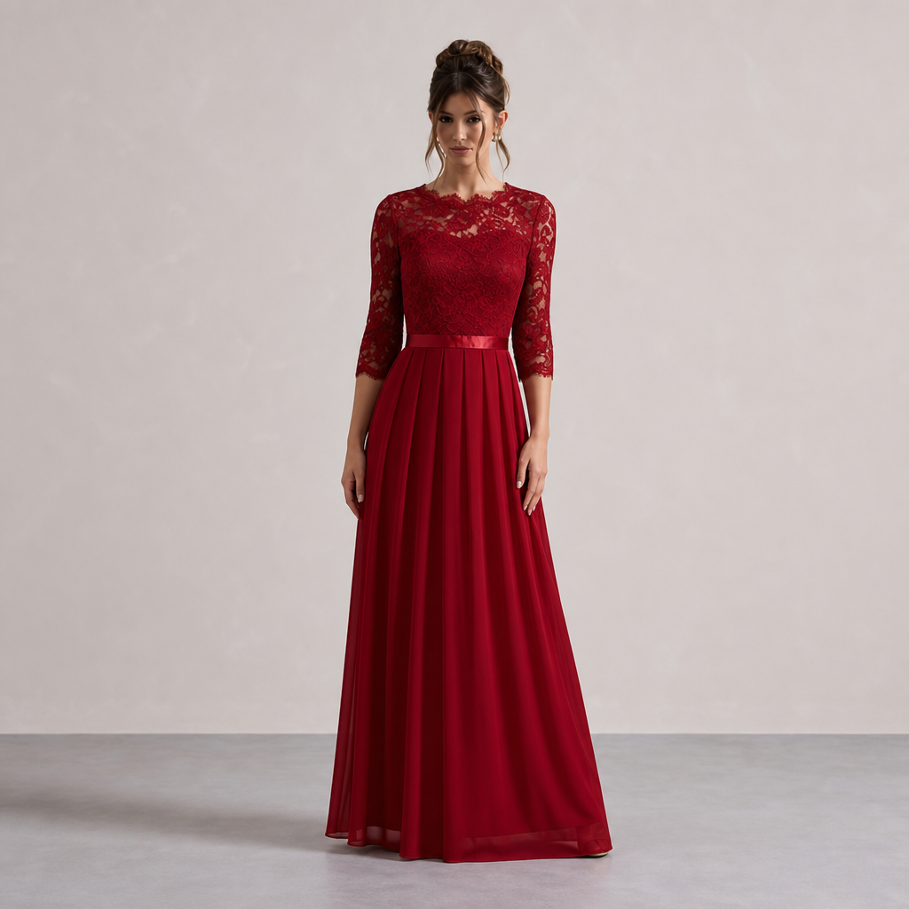 Lace Bodice Long Sleeve Pleated A-Line Maxi Gown