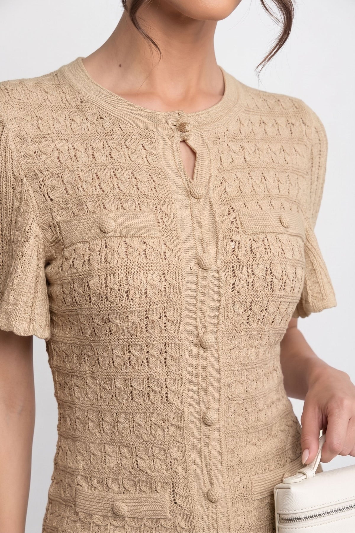Short Sleeve Midi Dress With Shimmer Knit Texture - Beige - View 4