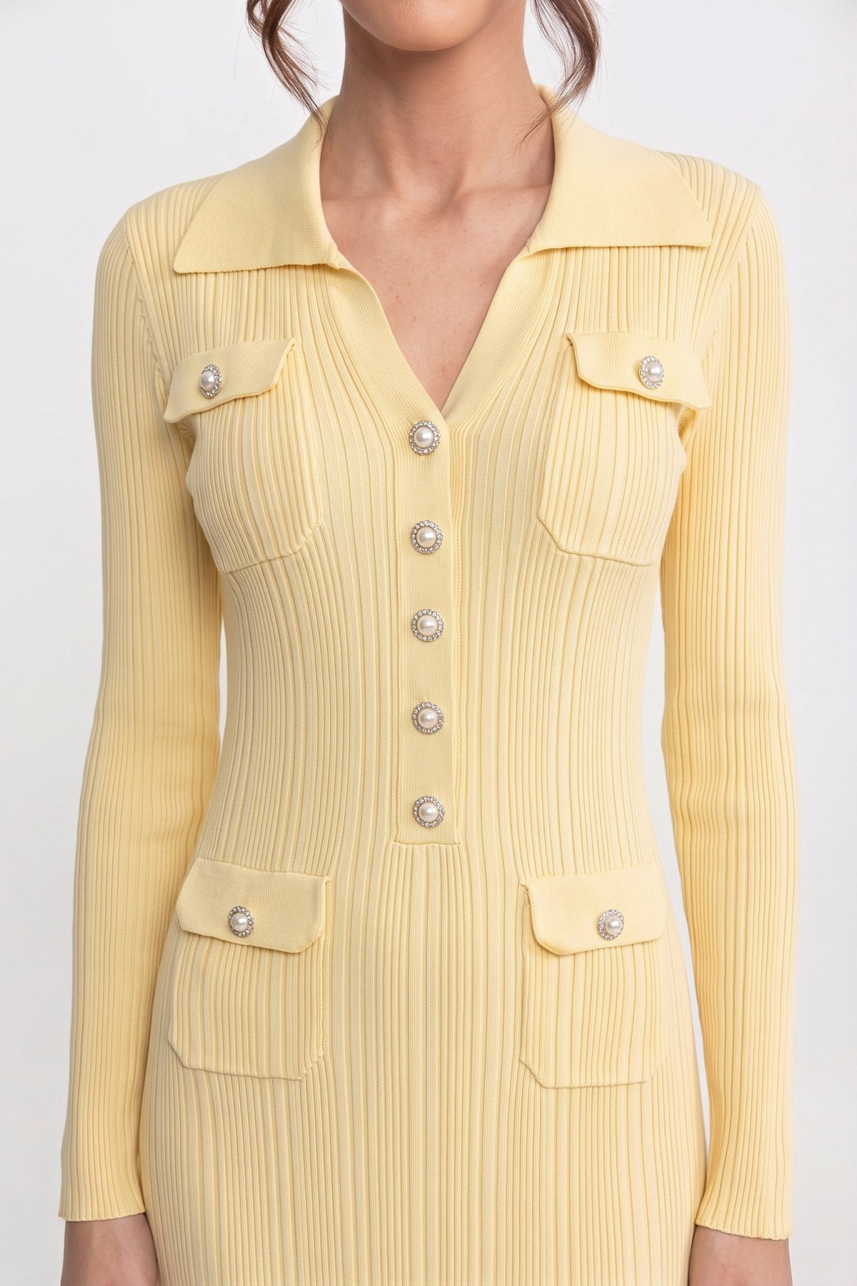 Long-Sleeve Button-Front Knit Maxi Dress With Patch Pockets - Yellow - View 4