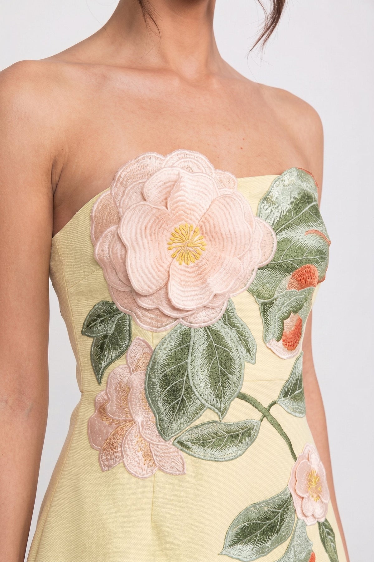Strapless Mini Dress With 3D Camellia Floral Appliqué - Yellow - View 5
