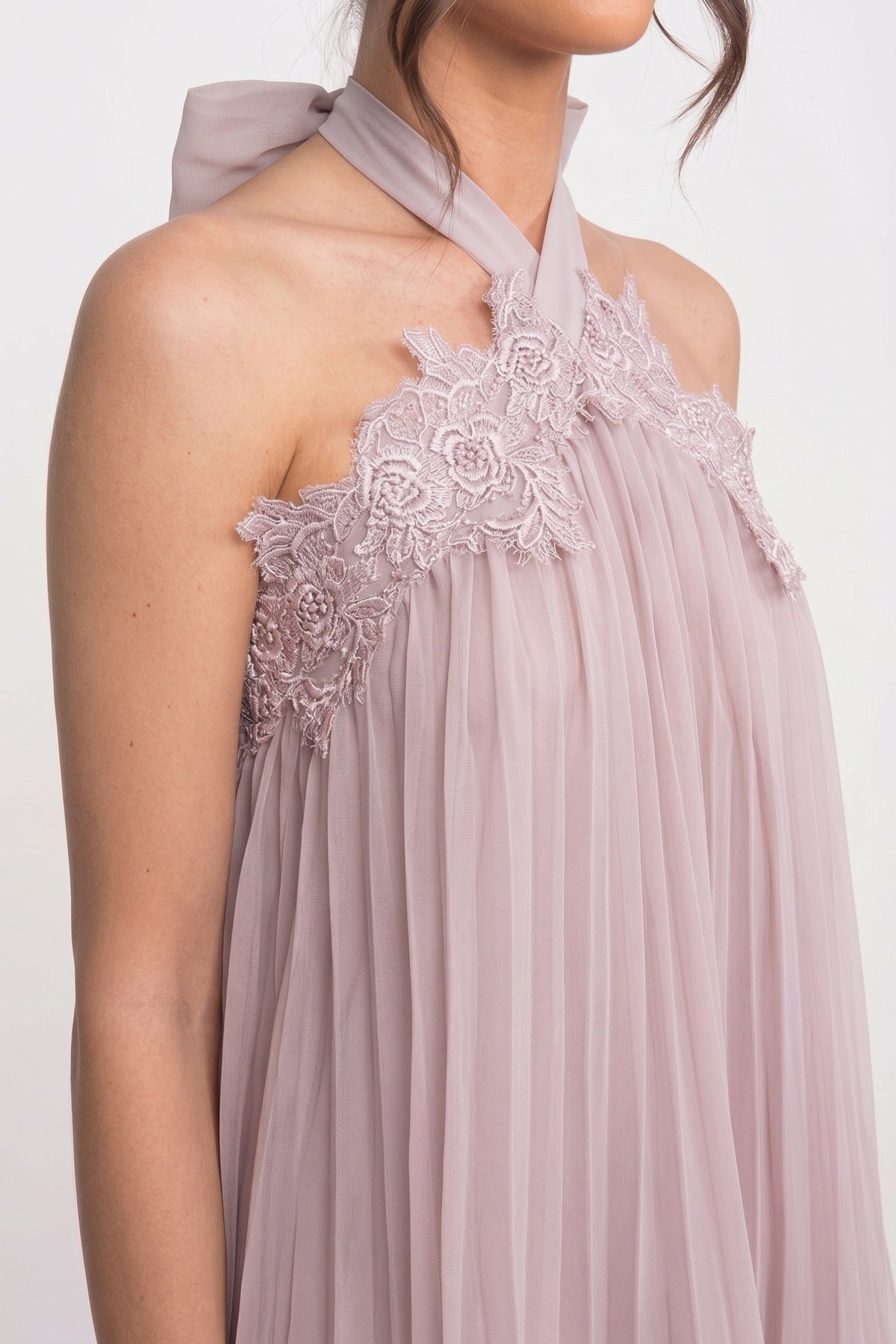 Halter Neck Chiffon Mini Dress With Lace Hem - Pink - View 5