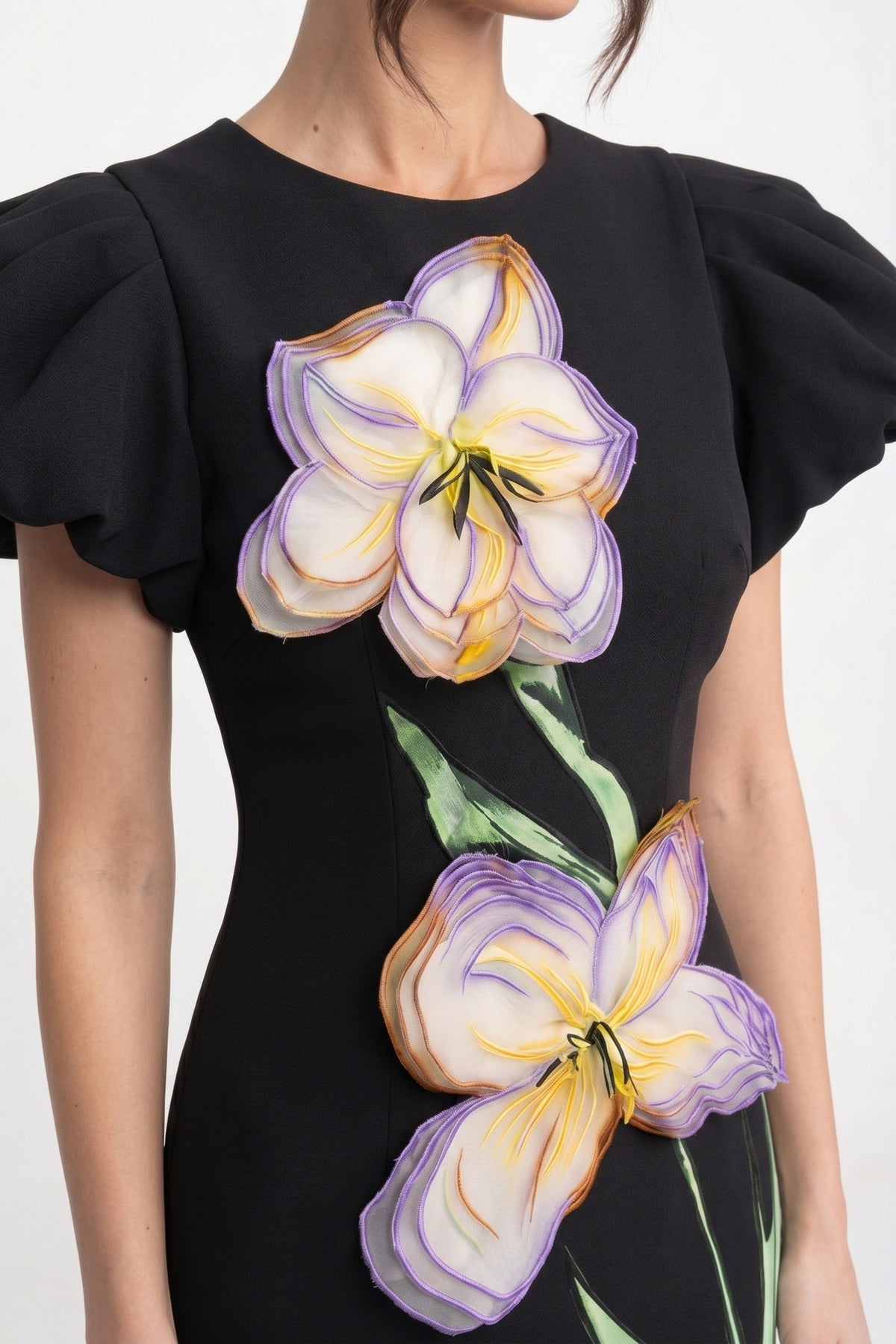 Structured Shoulder Maxi Dress With 3D Iris Floral Appliqué - Black - View 4