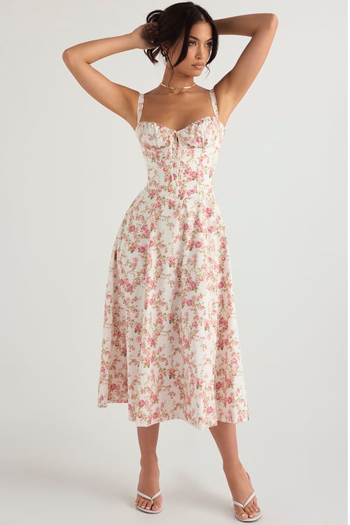 Floral Print Sweetheart Bustier Spaghetti Strap High Split Midi Dress - View 8