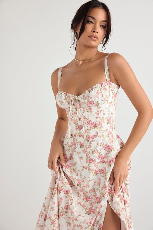 Floral Print Sweetheart Bustier Spaghetti Strap High Split Midi Dress - View 2
