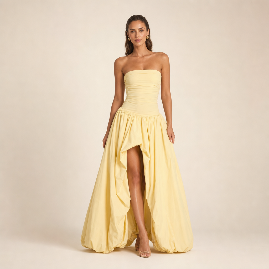 Strapless Ruched Drop Waist Bubble Hem Gown 6