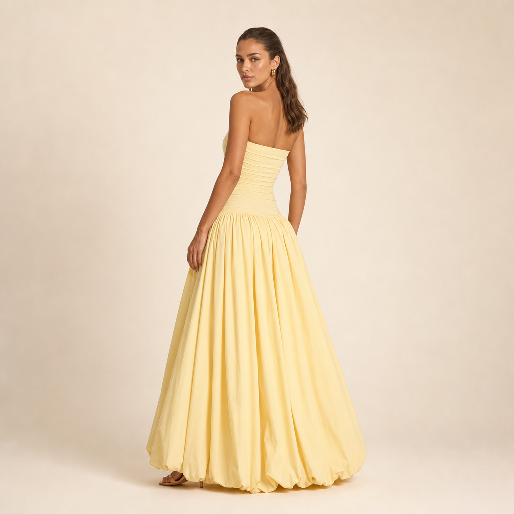 Strapless Ruched Drop Waist Bubble Hem Gown 9
