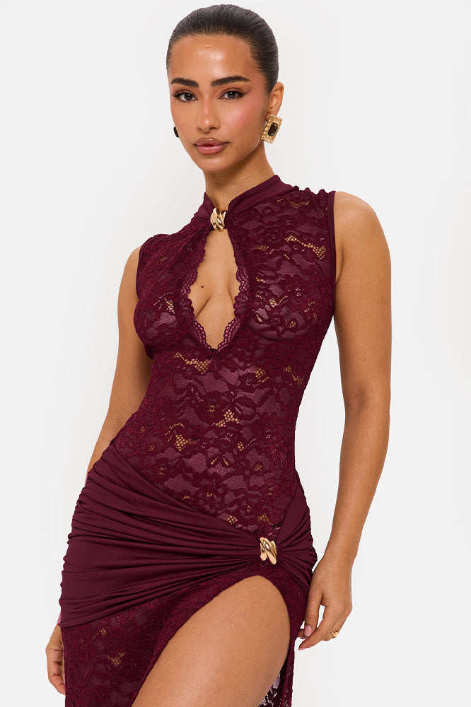 Sleeveless Lace High Slit Maxi Dress - View 8