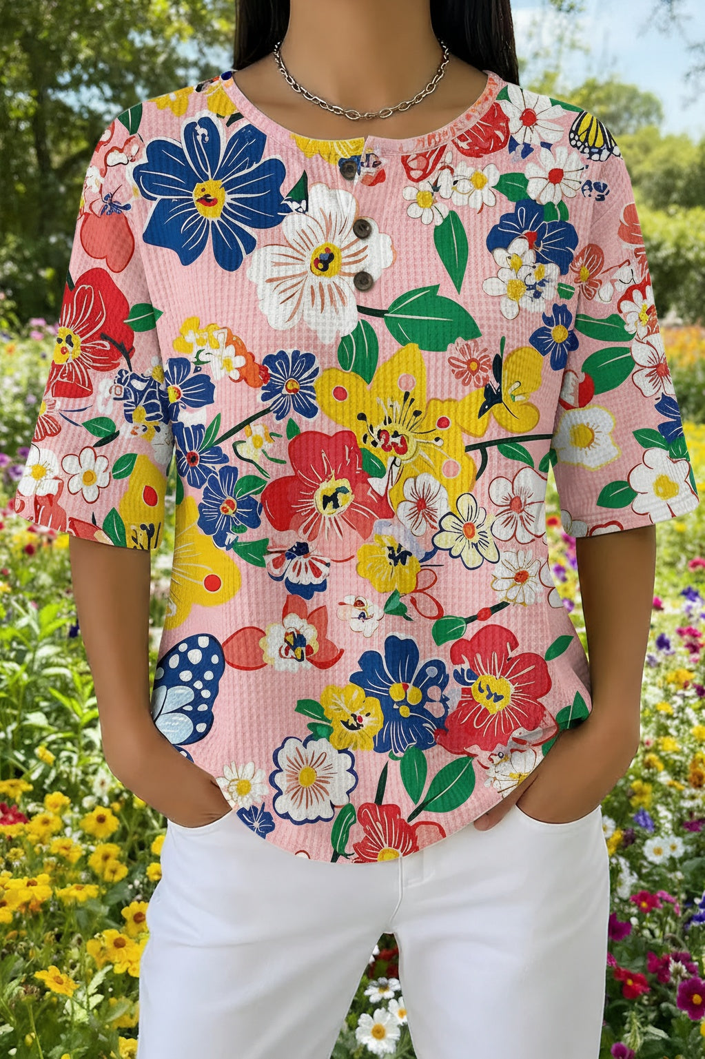 Colorful Floral Print Round Neck Button Placket Waffle Knit Top