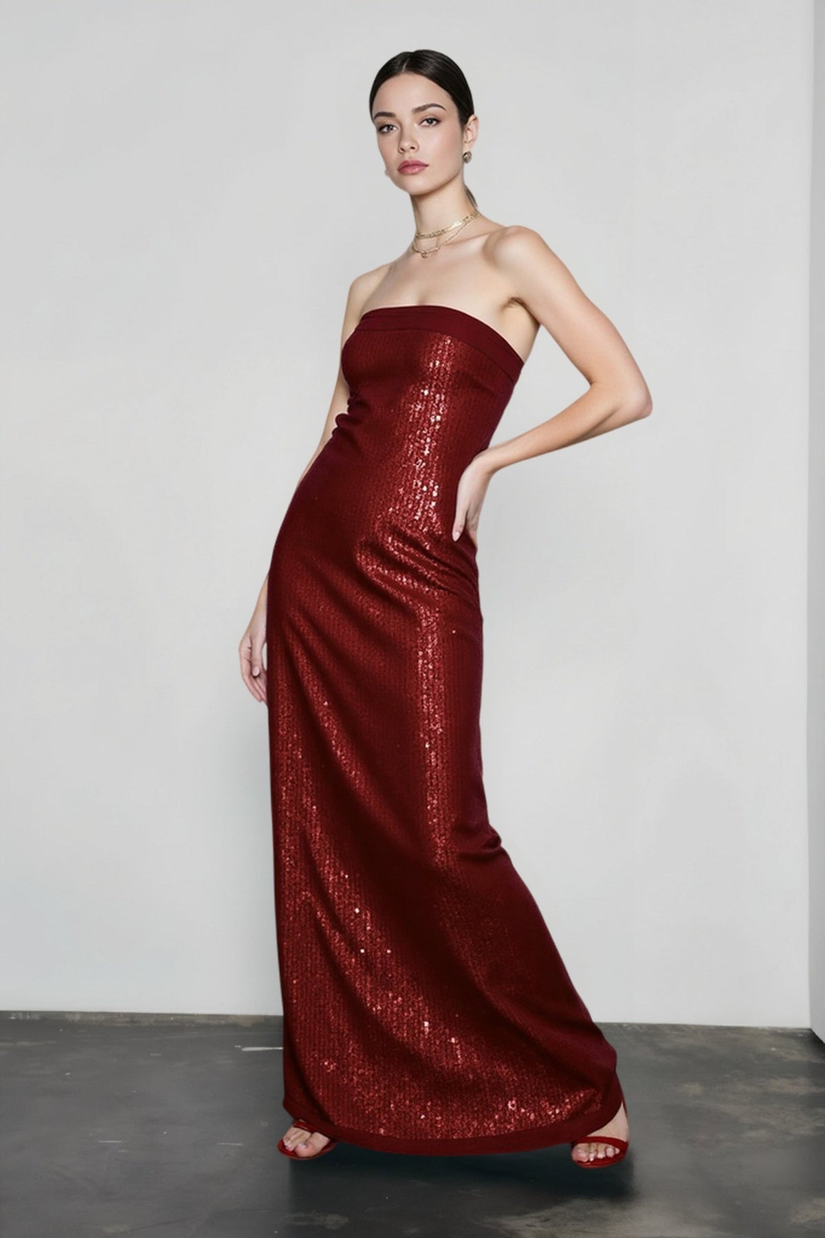 Sequin Strapless Straight Neck Column Maxi Gown 5