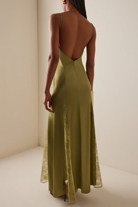 Spaghetti Strap Deep V-Neck Lace Insert Split Satin Maxi Gown - View 3