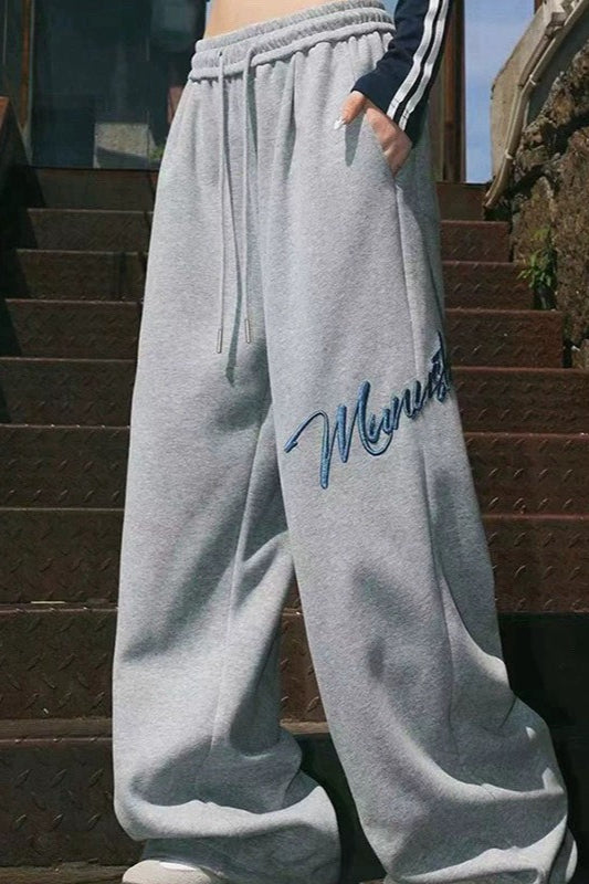 Embroidered Loose Wide Leg Cuffed Pants