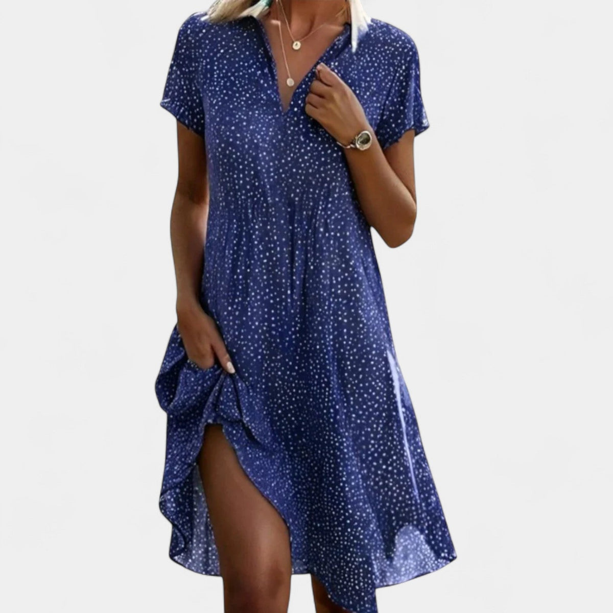 Spot Print Collared V-Neck Short Sleeve Shift Dress 2