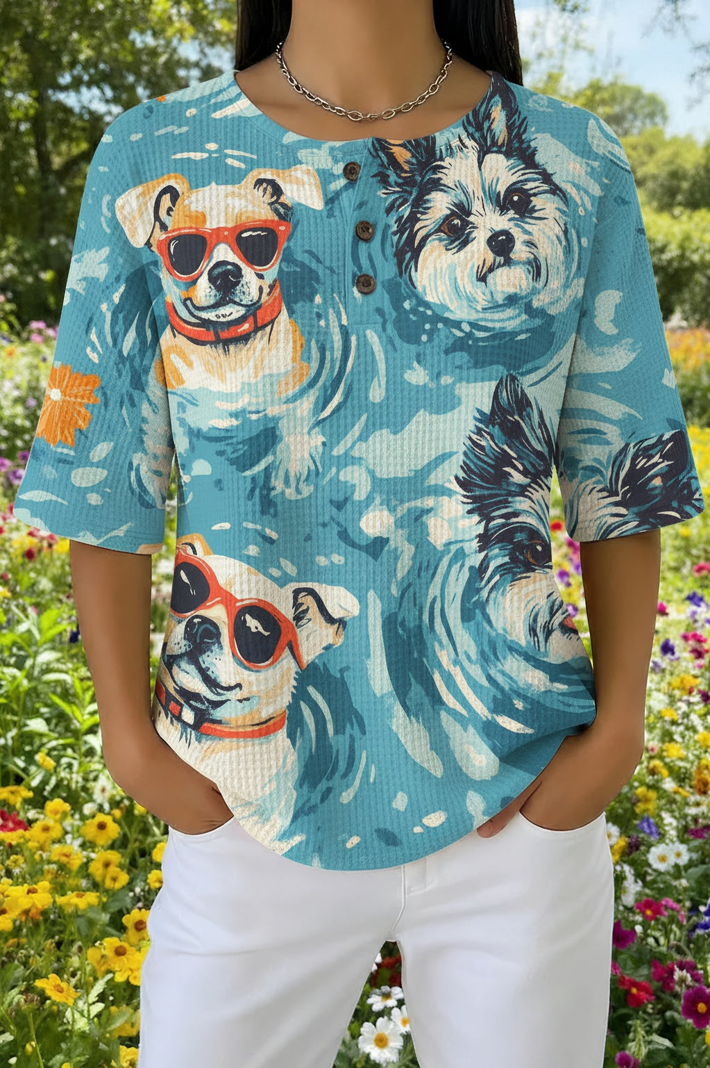 Dog Print Waffle Knit Button Henley Short Sleeve Top