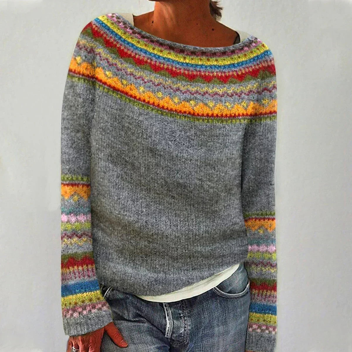 Boat Neck Long Sleeve Fair Isle Knit Sweater