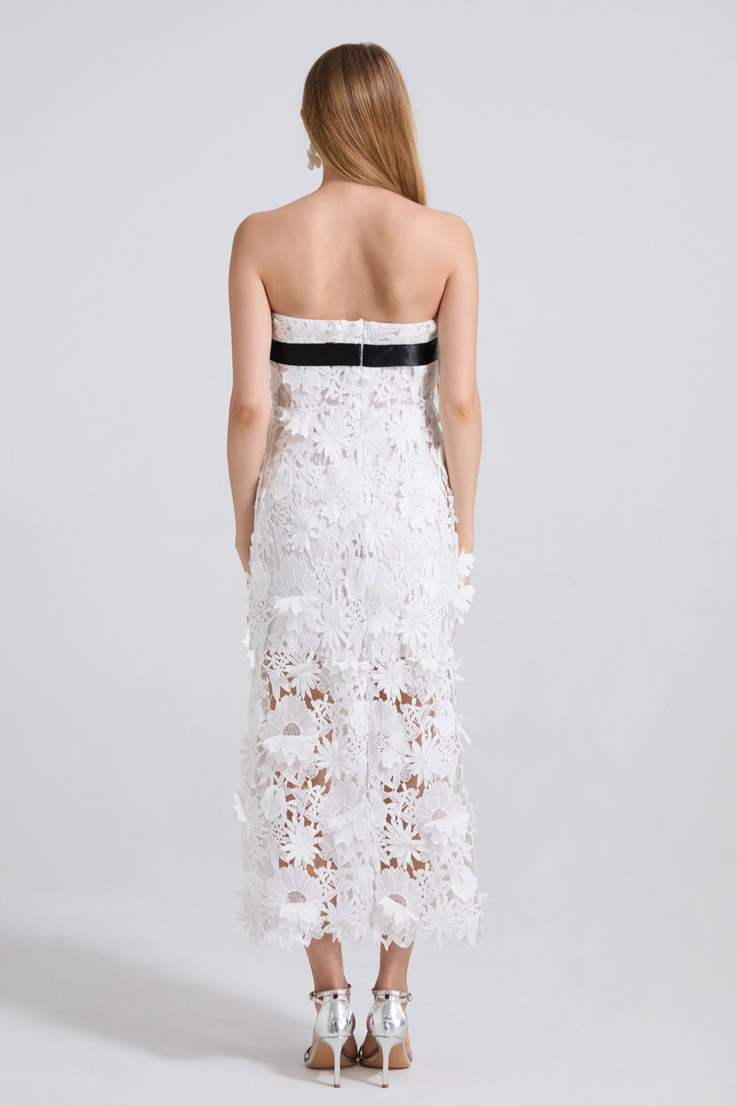 3D Floral Lace Applique Strapless Bodycon Midi Dress - View 6