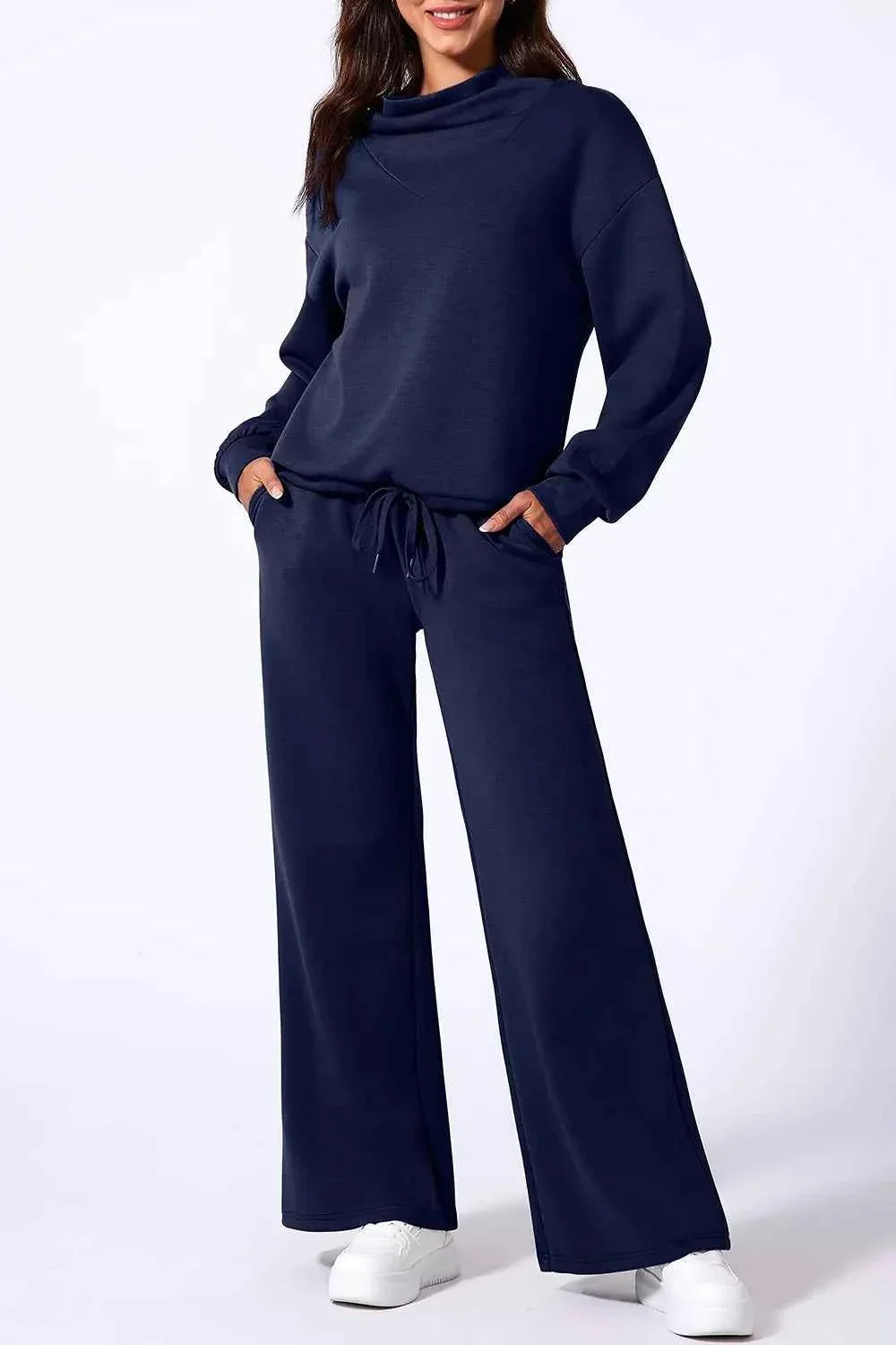 Cowl Neck Drawstring Pullover Wide Leg Pants Set