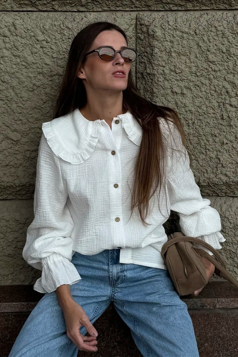 White Ruffle Trim Lantern Blouse