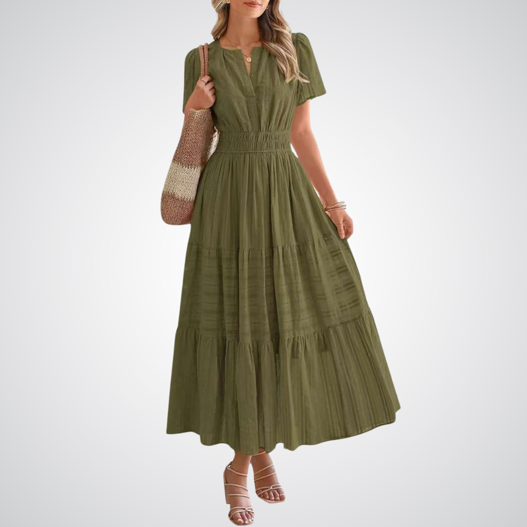 Split Neck Flutter Sleeve Smocked Waist Tiered Maxi Dress 2
