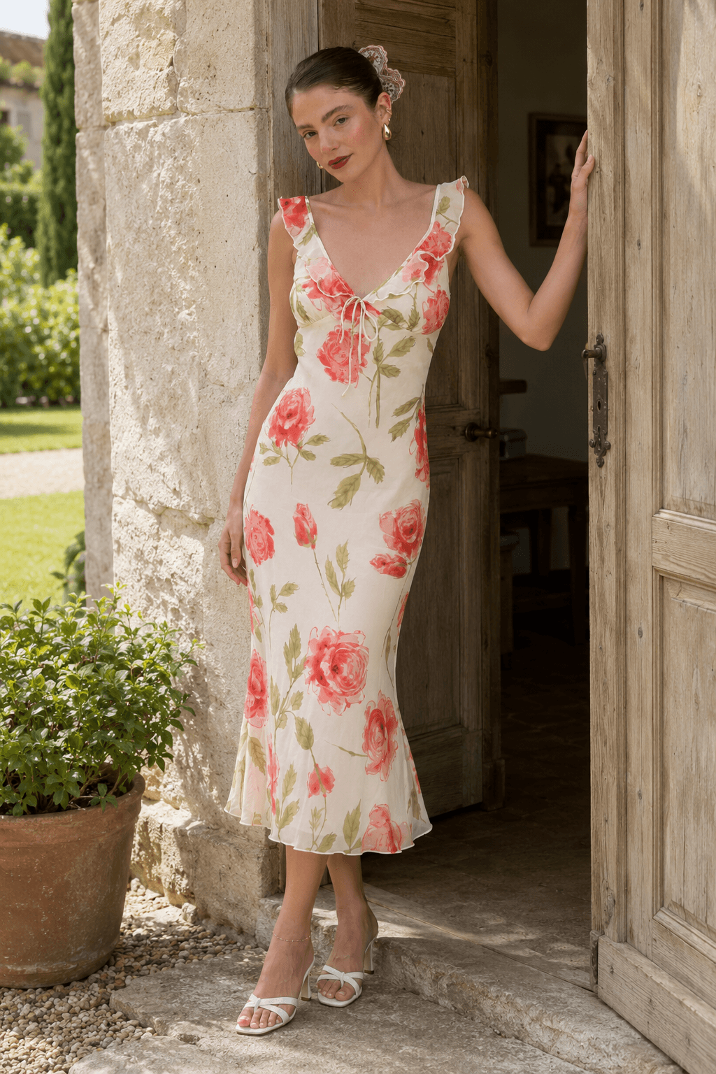 Floral V-Neck Ruffle Tie Front Bias Cut Midi Dress 2