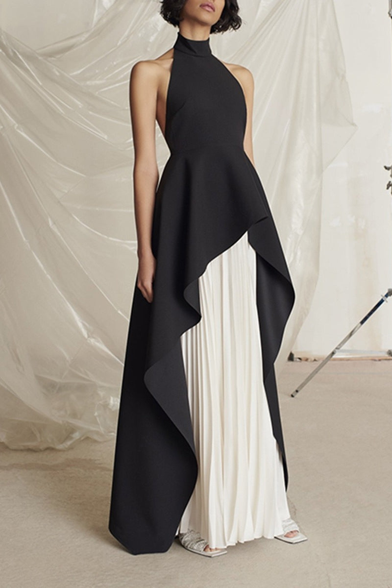 Halter Neck Sleeveless Asymmetric Draped Pleated Maxi Gown - View 2