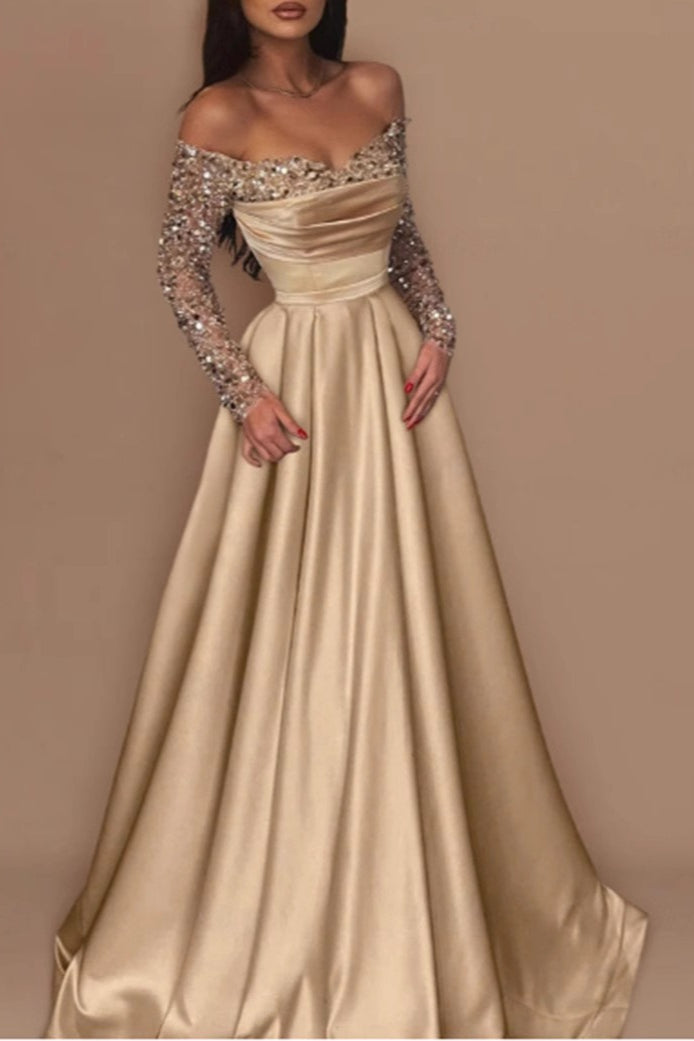 Sequin Off Shoulder Long Sleeve Draped Satin A-Line Ball Gown