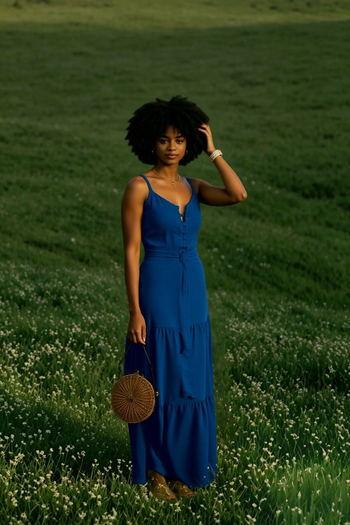 V Neck Tunic Ruffles Maxi Dress