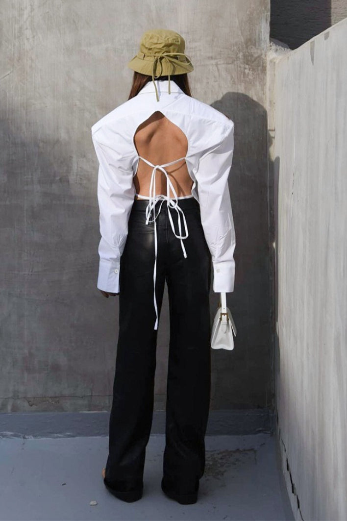 Backless Sheer Tie Waist Blouse