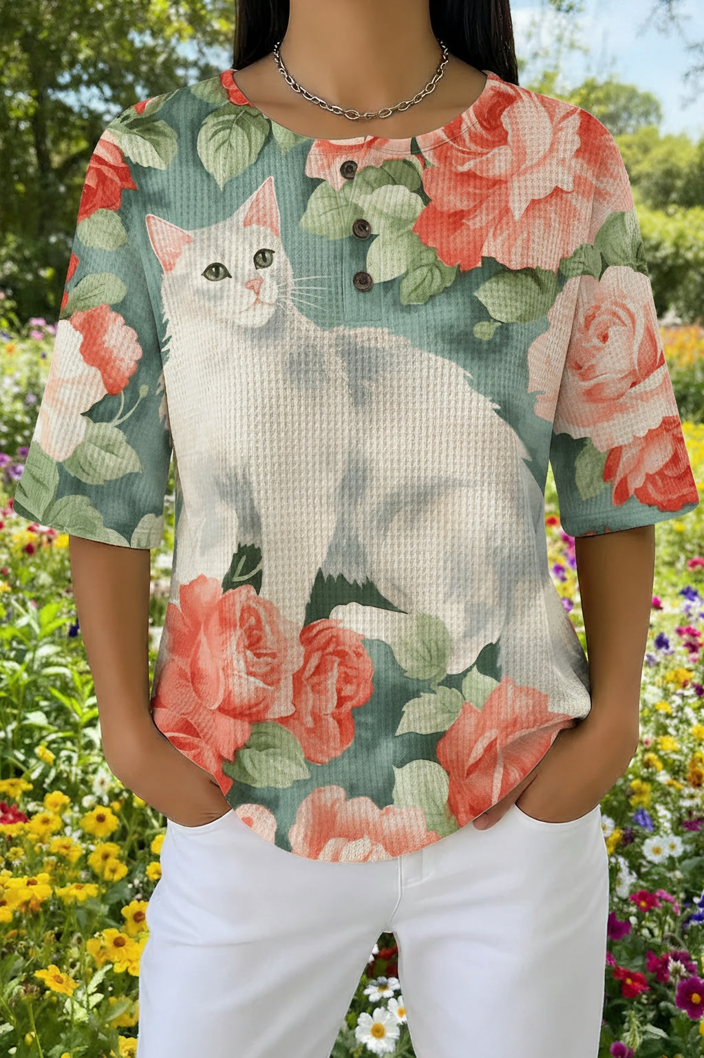 Rose Floral Cat Print Waffle Knit Short Sleeve Henley Top