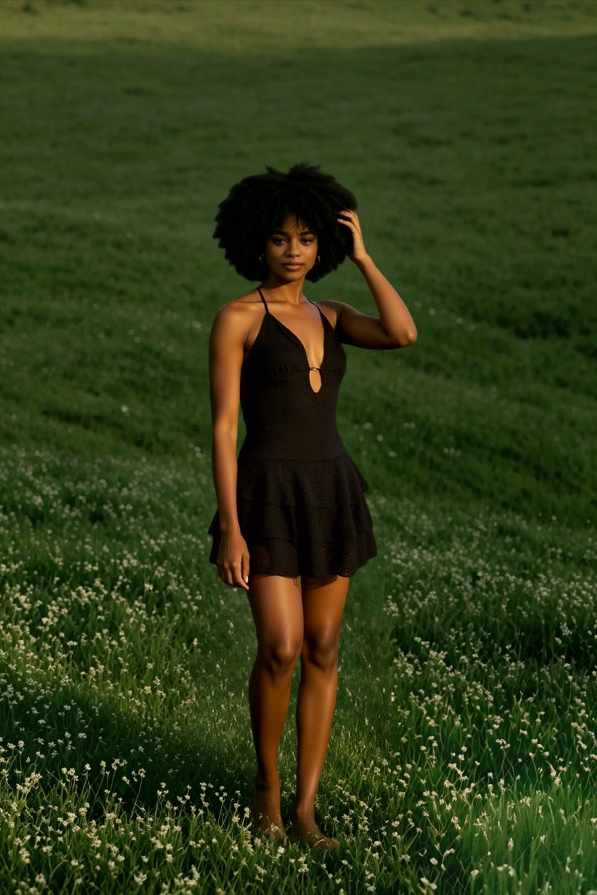 Lace Halter Neck Deep V-Neck Tiered Ruffle Mini Dress - View 5
