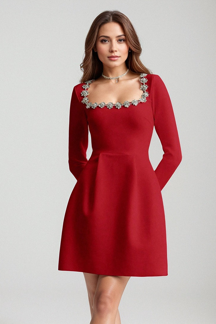 Elegant White Square Neck Long Sleeve Pearl Trim Slim Cocktail Dress - View 2