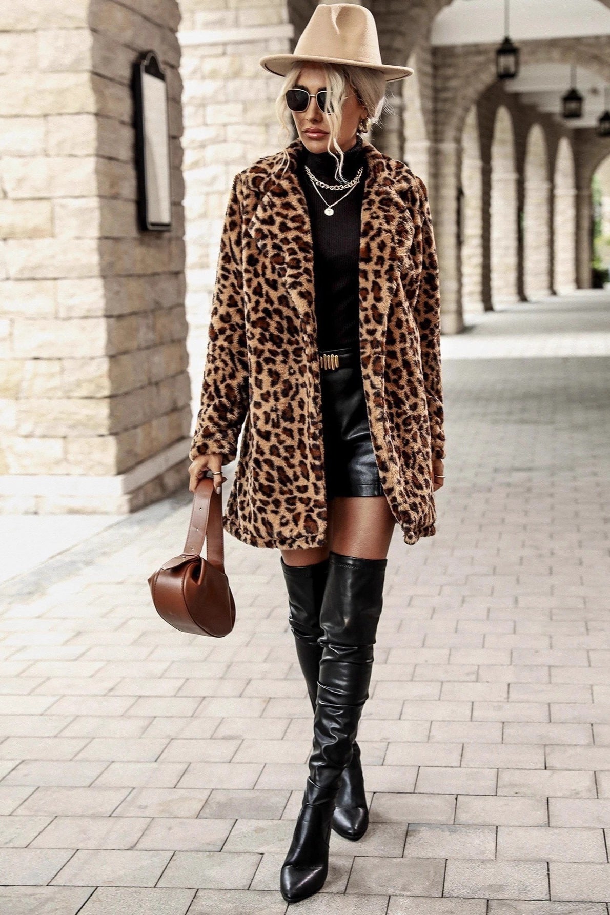Leopard Print Notch Lapel Plush Overcoat