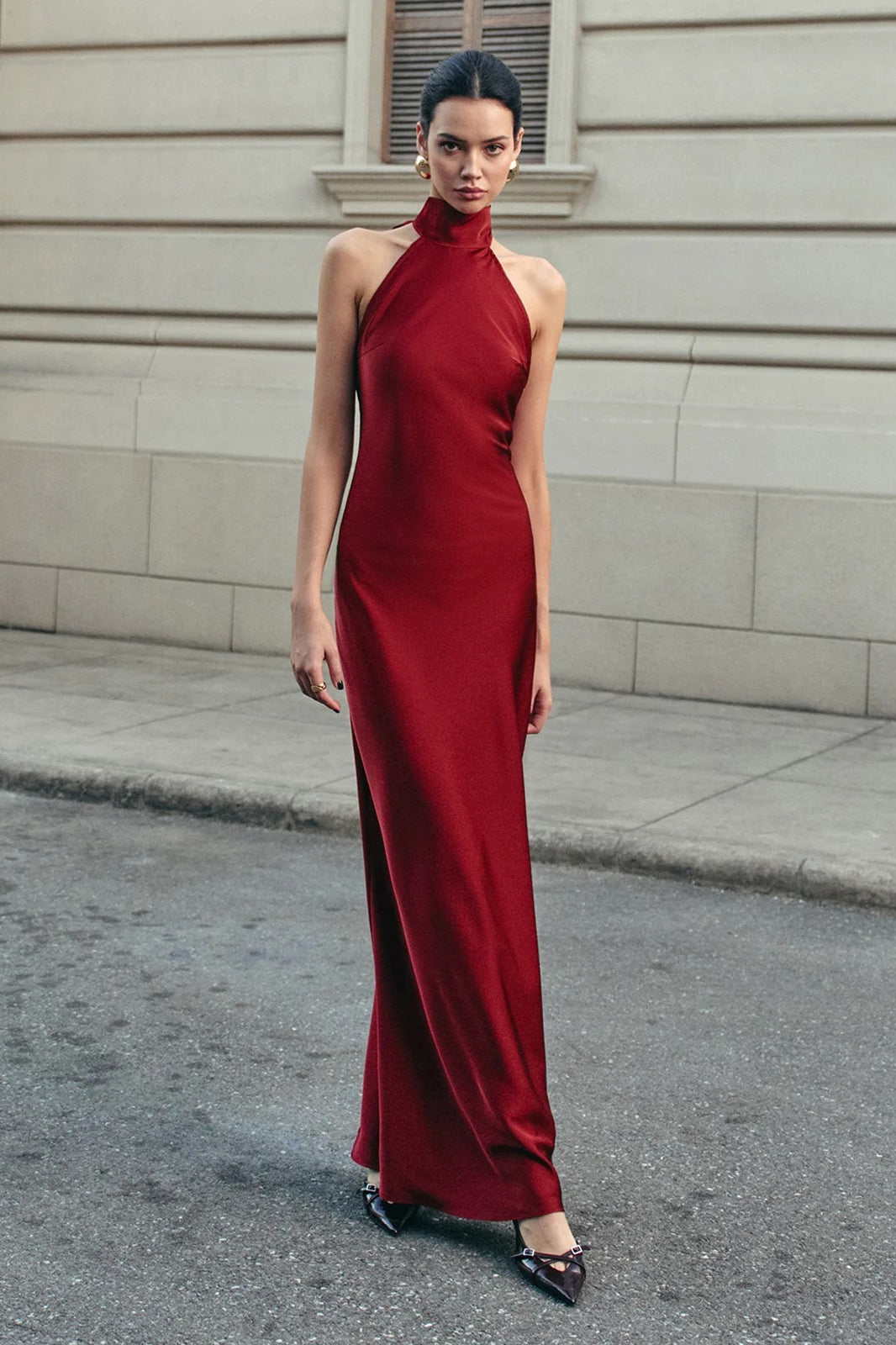 Satin Halter Neck Backless Bias Cut Slip Maxi Dress in Burgundy